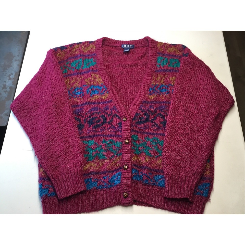 OHI Raspberry Pink Cardigan W Wooden Button Closure Sz L See Pics